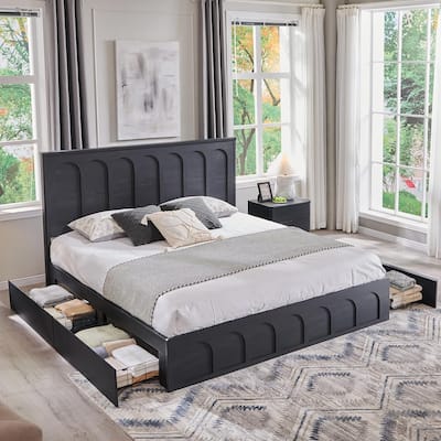 Modern King Size Bed Frame, 52" Tall Arched Recessed Headboard