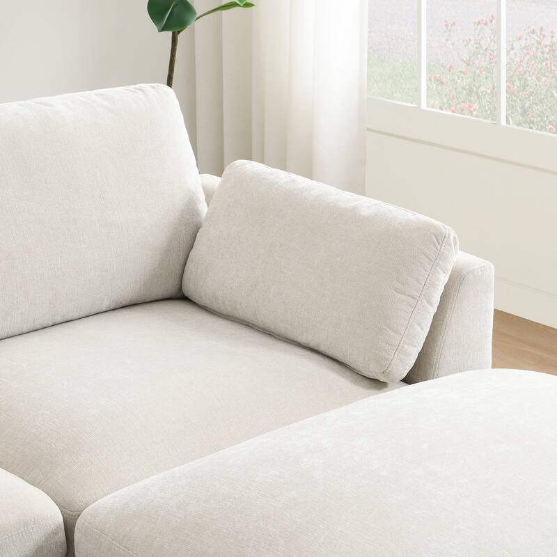 L-Shape Sectional Sofa with Folding Table, Dual-Port Charging, Side Pockets, 2 Pillows, Movable Ottoman, Chenille Modular Sofa