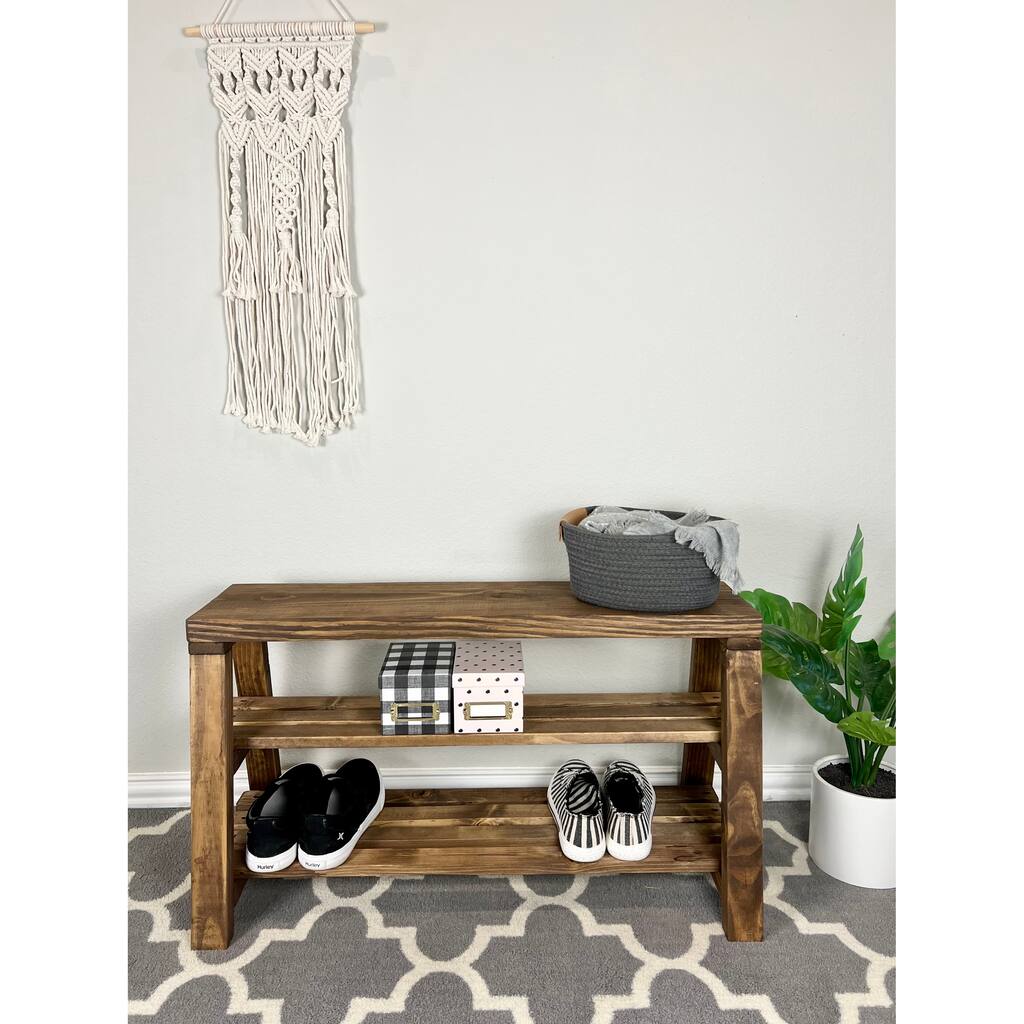 Rustic Farmhouse Slatted Shelf Pine Wood Tiered Shoe Storage Bench