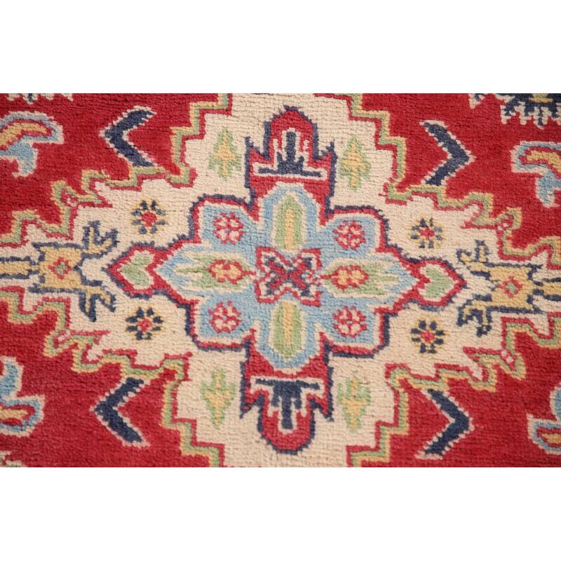 Geometric Red Kazak Accent Rug Handmade Wool Carpet - 3'4"x 5'1"