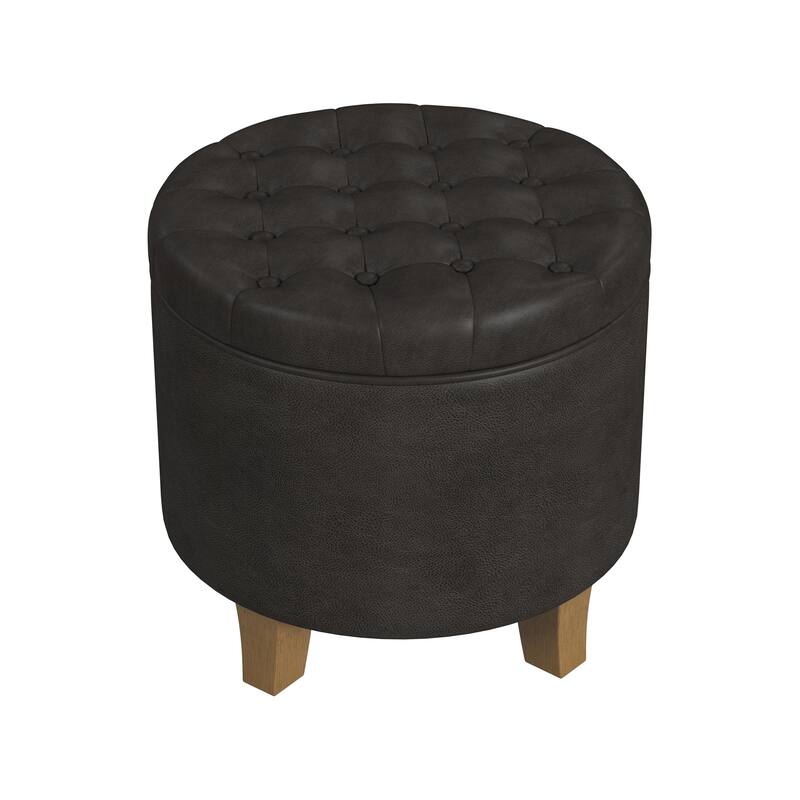 Wes Round Storage Ottoman, Black Faux Leather, Hardwood, 19 Inch