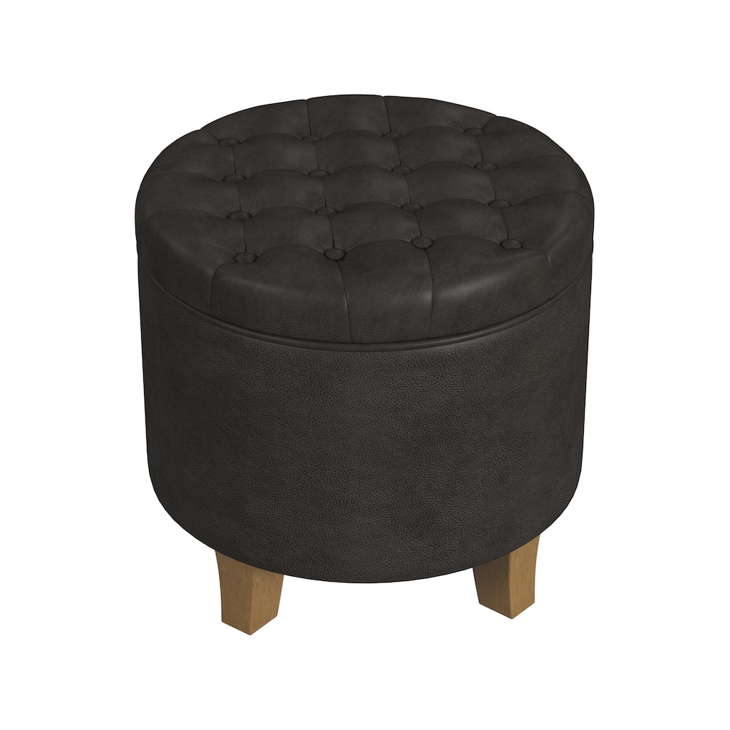 Wes Round Storage Ottoman, Black Faux Leather, Hardwood, 19 Inch