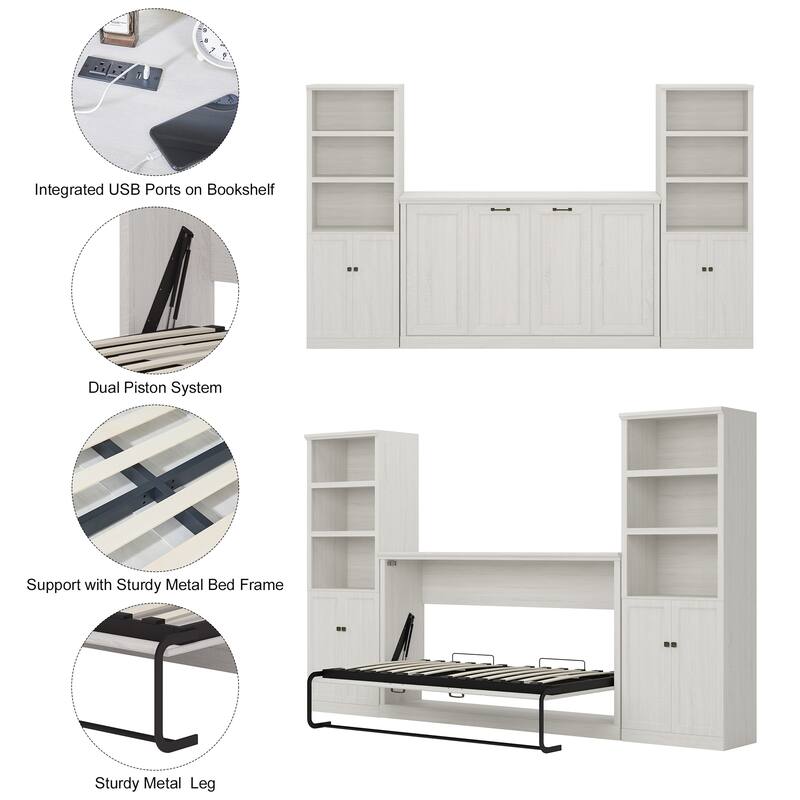 White Twin Size Murphy Bed Convertible Horizontal Cabinet Space Saving Platform Bed Folding into Hideaway Wall Bed, Bookcase Bed