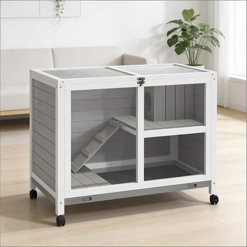 Bunny Cage with Wheels,Small Rabbit Hutch,Spacious Pet House is designed for convenient cleaning - Gray,White - Gray,White