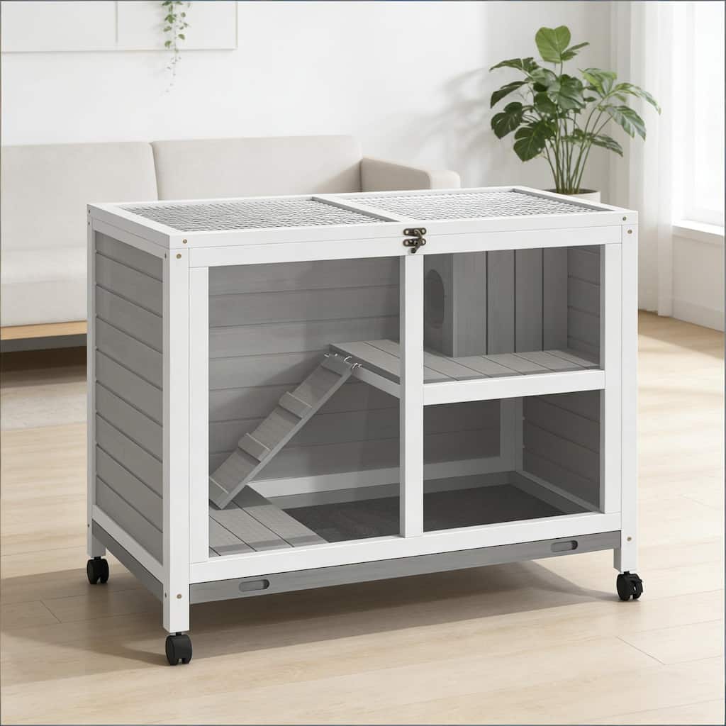 Bunny Cage with Wheels,Small Rabbit Hutch,Spacious Pet House is designed for convenient cleaning - Gray,White
