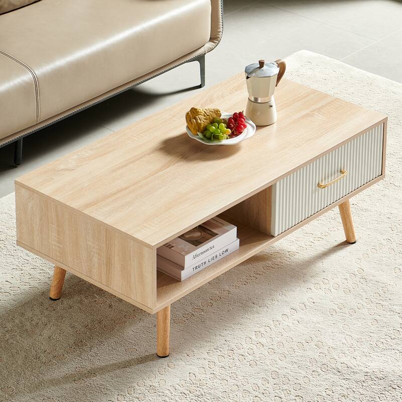 Modern Rectangular Coffee Table with Sliding Drawers and Storage Space, for Living Room, Natural Wood Color
