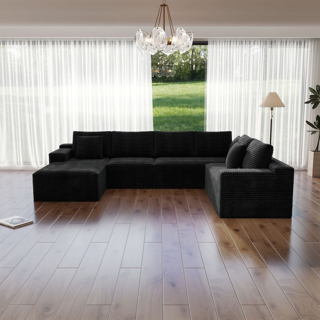 Roomfitters 131.9" Modular Sectional Sofa, 4-Piece Compressed Cloud Couch, No Assembly Required, Plush Corduroy, Black