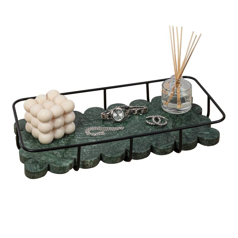 Monarch Modern Industrial Metal/Marble Scalloped Base Vanity Tray - Green Marble Black