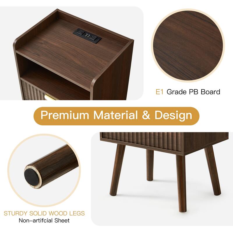 EROMMY Modern Nightstand with Charging Station Fluted Bedside Table USB Ports Storage Drawer