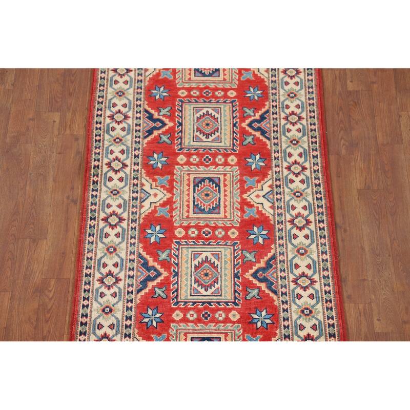 Geometric Kazak Runner Rug Hand-Knotted Wool Carpet - 2'8" x 10'1"