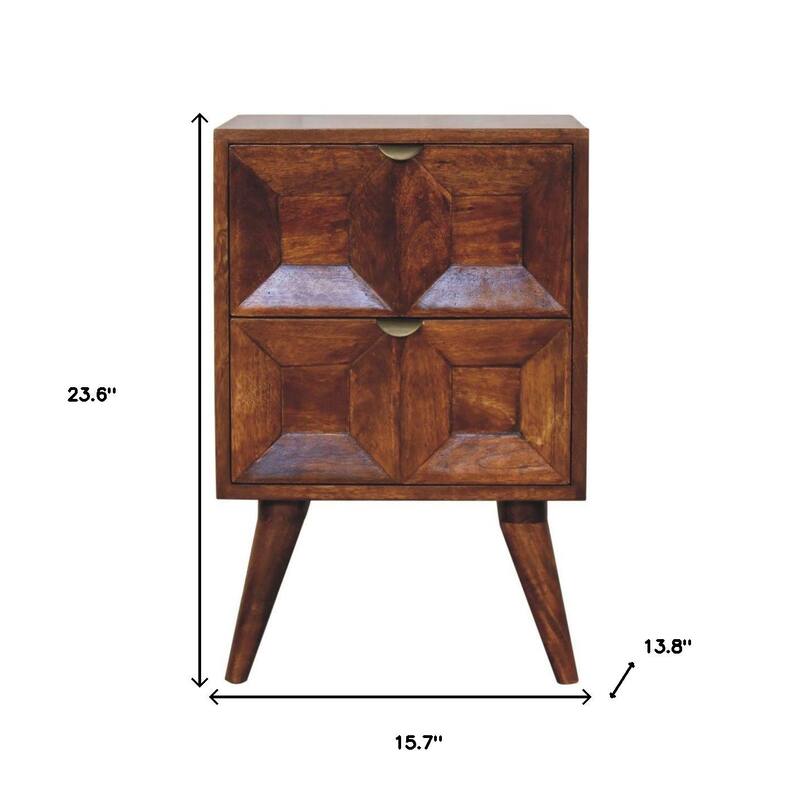 HomeRoots 24" Chestnut Solid Wood Square Carved Geometric Two Drawer Nightstand