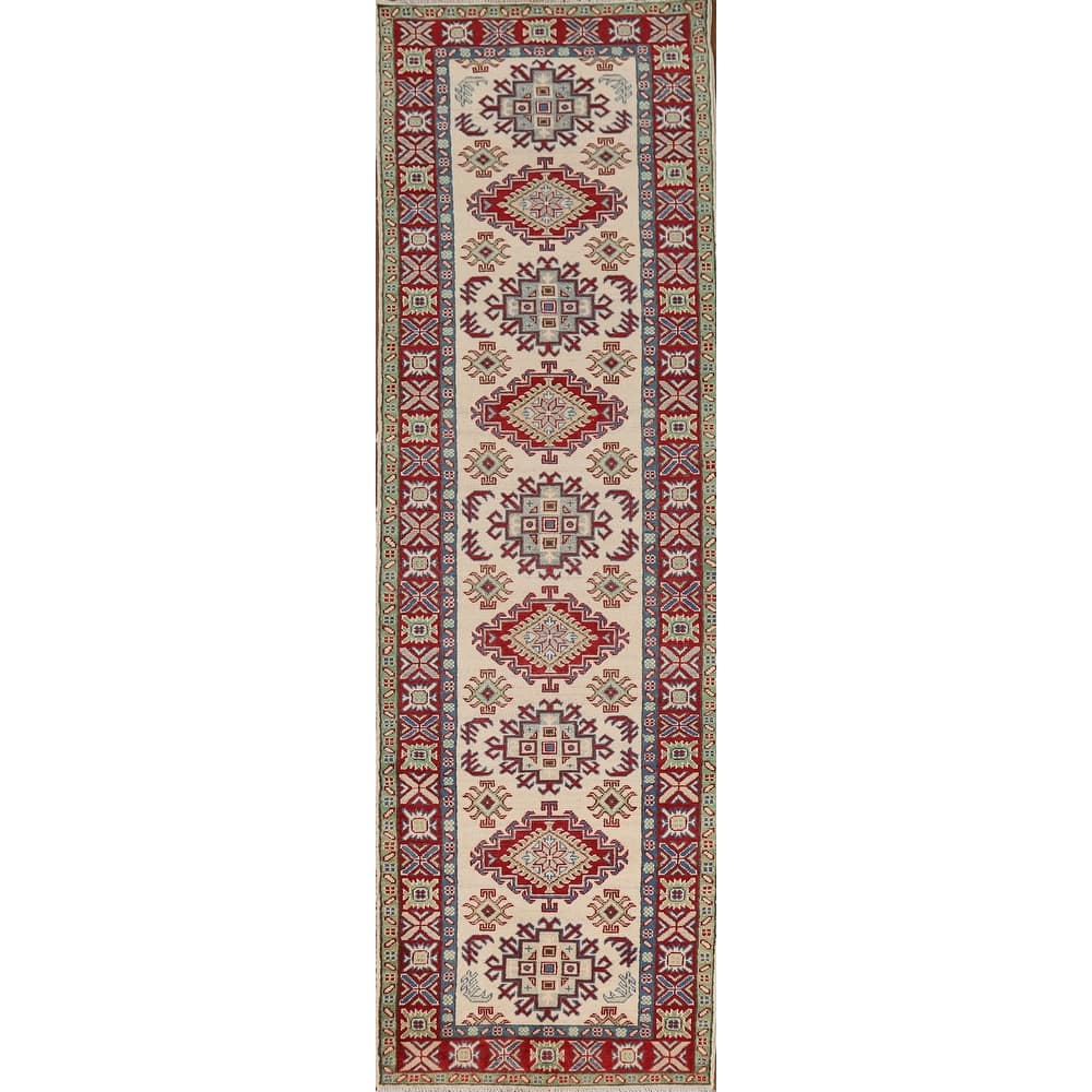 Ivory Kazak Oriental Runner Rug Hand-Knotted Wool Carpet - 2'8" x 11'4"
