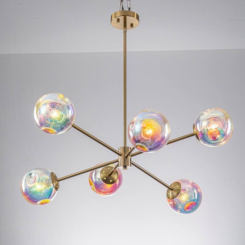 6-Light Mid-Century Modern Iridescent Globe Sputnik Chandelier for Kitchen Island or Dining Room - 6 Light