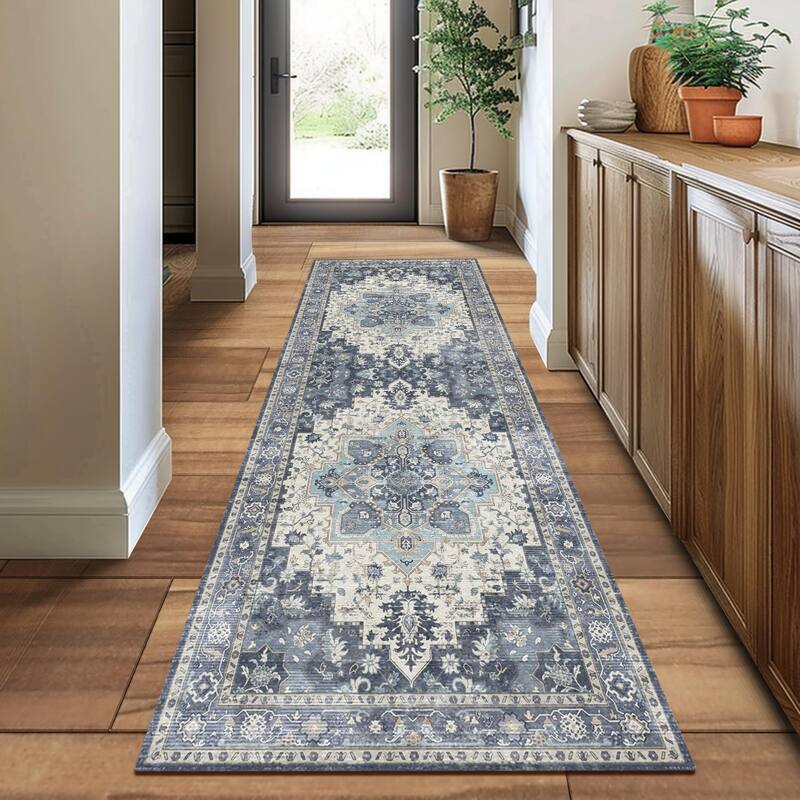 Mcow Floral Faded Low Pile Machine Washable Non-Slip Area Rug