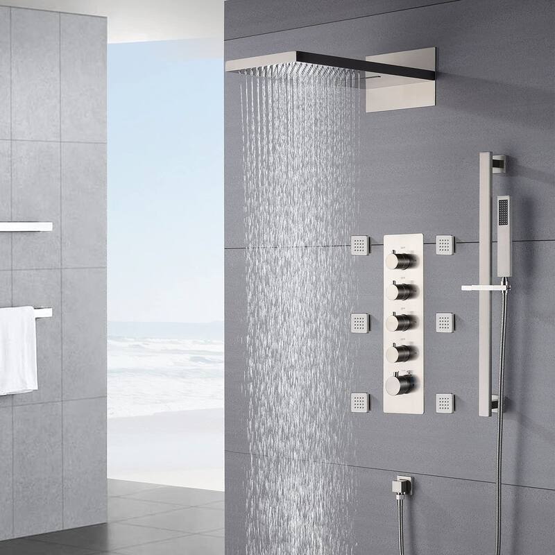 Brushed Nickel 22" Rainfall Waterfall Thermostatic Shower Faucet System w/ Jets, Sprayer, Slide Bar - Brushed Nickel