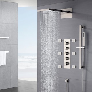 Brushed Nickel 22" Rainfall Waterfall Thermostatic Shower Faucet System w/ Jets, Sprayer, Slide Bar - Brushed Nickel
