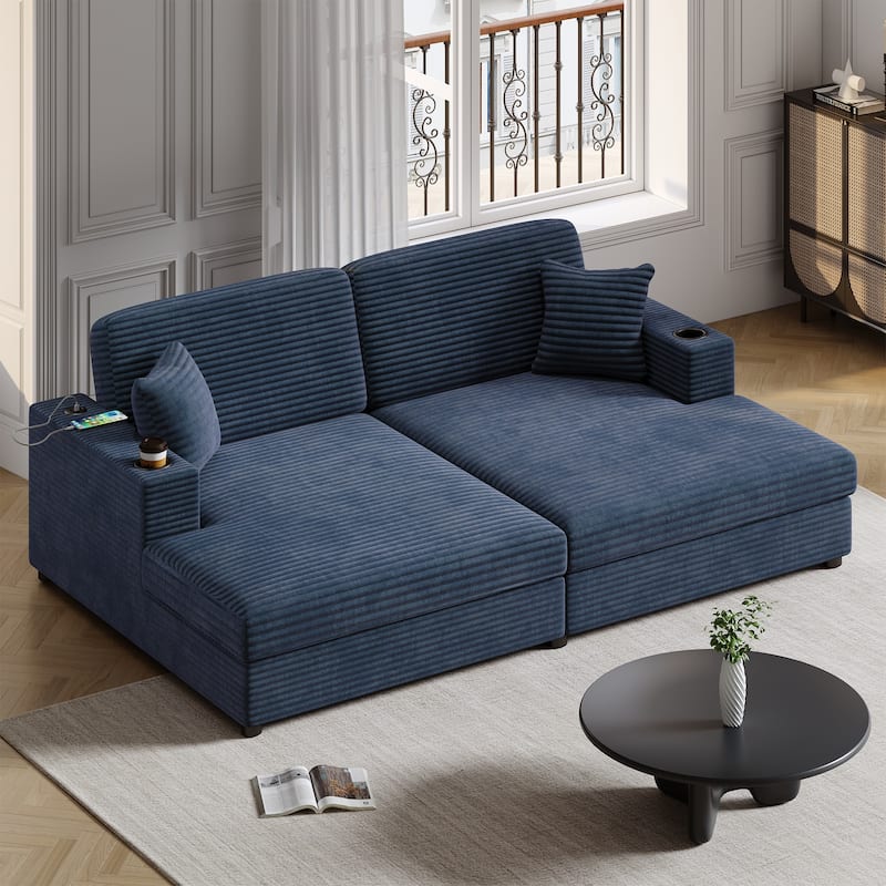 Corduroy Loveseat, Upholstered Deep Seat Sofa Lounge Couch Bed w2 Pillows and 2 Cup Holders 2 USB Ports Recliner Sofa