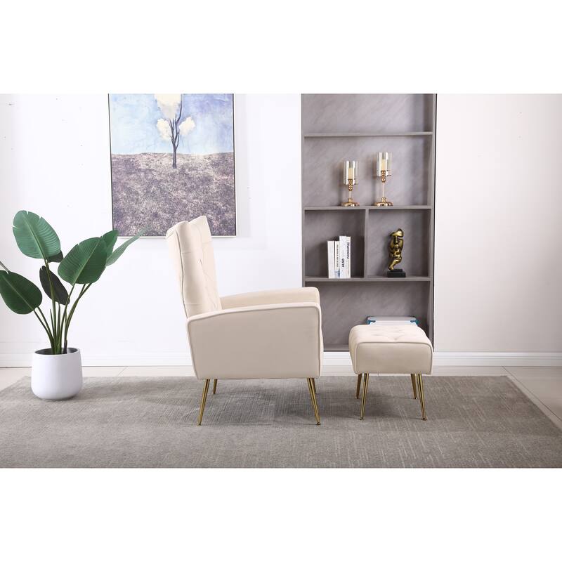 Beige Modern 31.5" Velvet Upholstered Buttons Tufted Arm Chair with Ottoman and Iron Legs