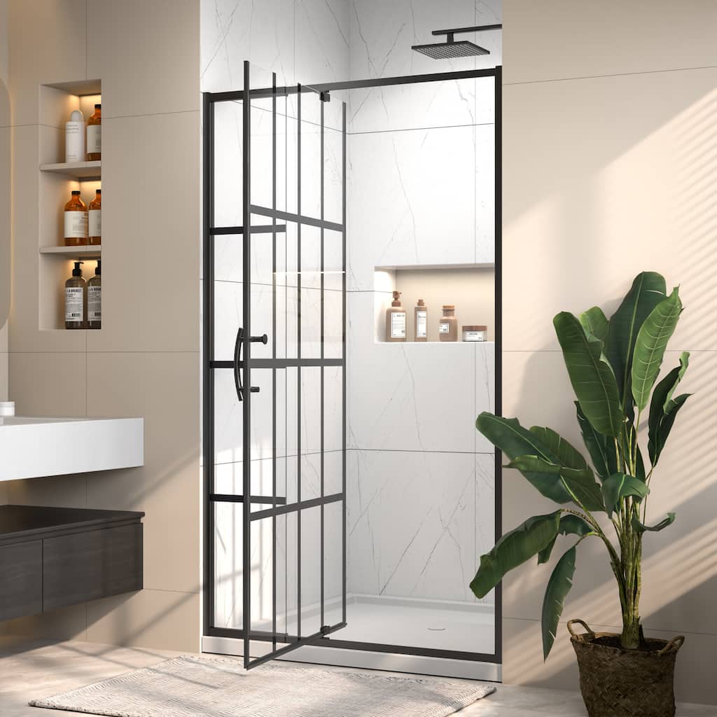 Modland 42" / 48" x 71''H Grid-pattern Pivot Shower Door - Silent Seal, Textured Glass, 4" Adjustable Frame