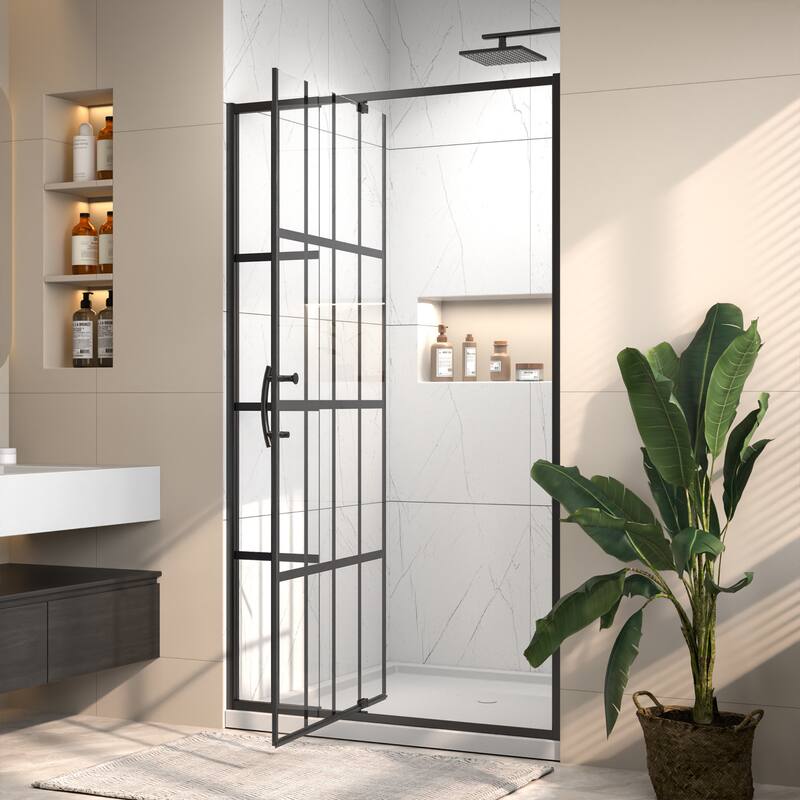 Modland 42" / 48" x 71''H Grid-pattern Pivot Shower Door - Silent Seal, Textured Glass, 4" Adjustable Frame