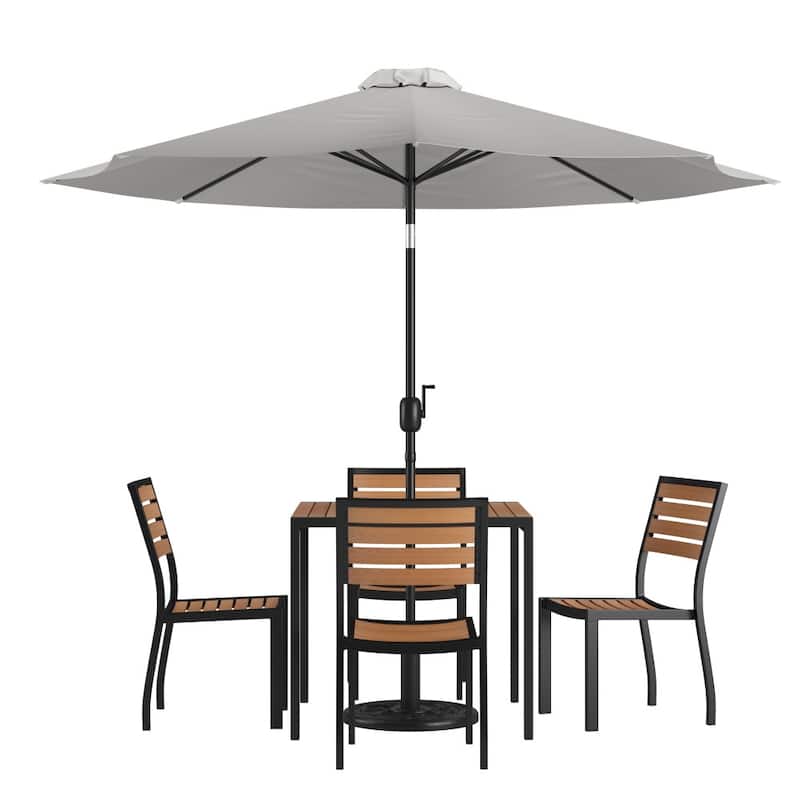 Faux Teak Patio Table, 4 Chairs & 9FT Patio Umbrella with Base