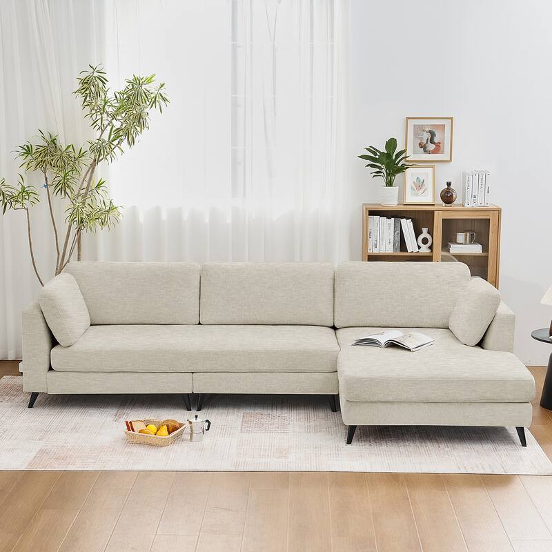 120" 3 Seater Chenille Upholstered Modular Sectional Sofa With Chaise Lounge - Khaki