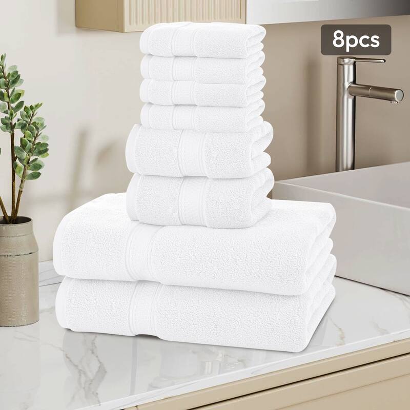 Extra Large 8 Pieces Bath Towel Set, 100% Cotton Highly Absorbent Towels for Bathroom - White