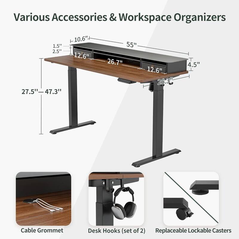 FEZIBO Height Adjustable Glass Electric Standing Desk with Double Drawer, Stand Up Desk with Storage Shelf