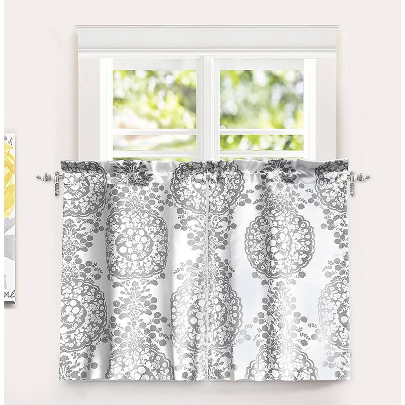 The Curated Nomad Alameda Damask Print Room Darkening Kitchen Tier Pair - 30" width x 36 " length - grey