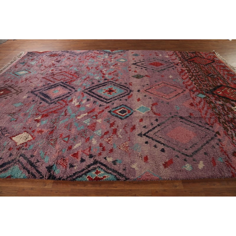 Plush Purple Moroccan Abstract Area Rug Hand-Knotted Wool Carpet - 9'1"x 12'11"