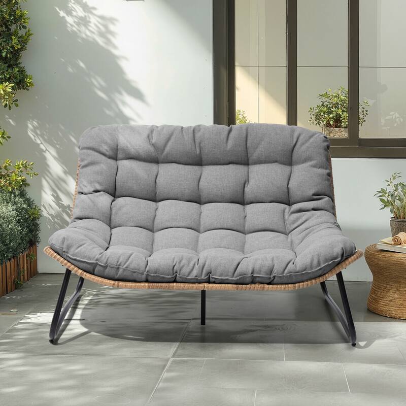 Double Papasan PE Rattan Chair Loveseat with Cushion For Indoor Outdoor