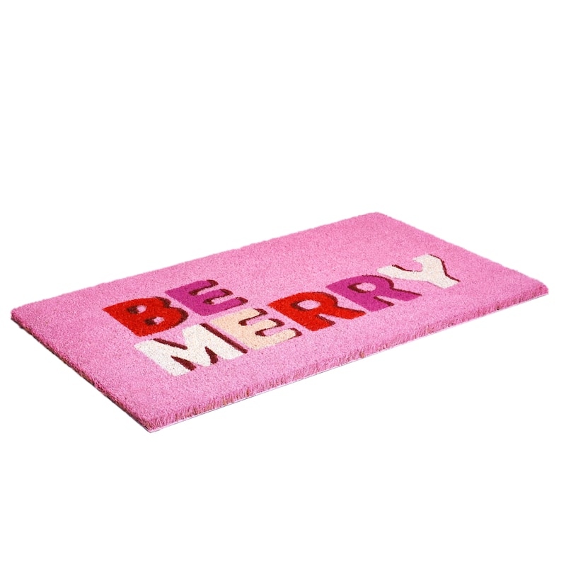 HomeRoots 17" X 29" Pink Red And White Christmas Outdoor Coir Door Mat - 17.00' X '29.00