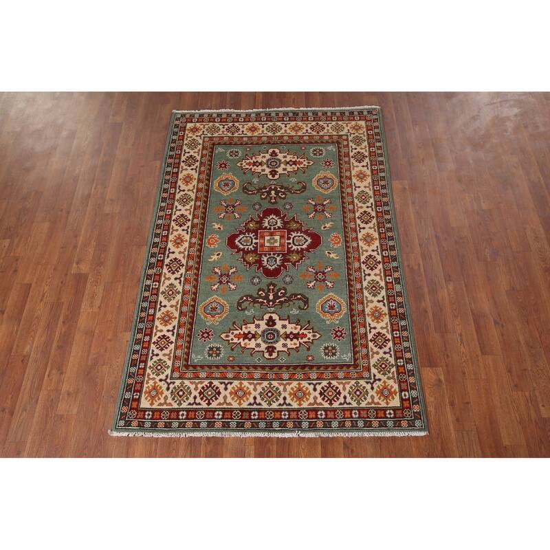 Hand Knotted Oriental 100% Wool Carpet Traditional Geometric Green Kazak Area Rug - 5' 10'' X 3' 11''