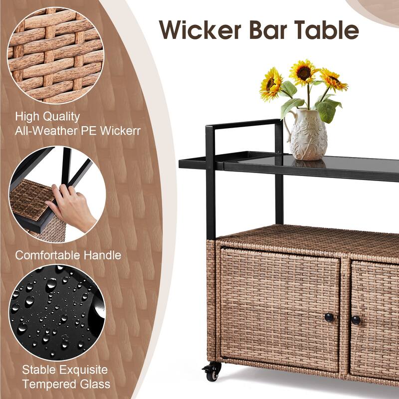 Outdoor Wicker Bar Cart Table with Storage and Wheels - 51.2" x 19.7" x 35.4"
