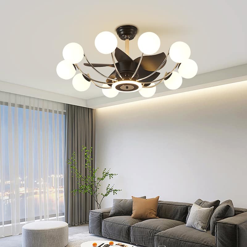 Indoor Black Modern Ceiling Fan with Light, Reversible Fandelier with Bulbs and Remote for Living Room