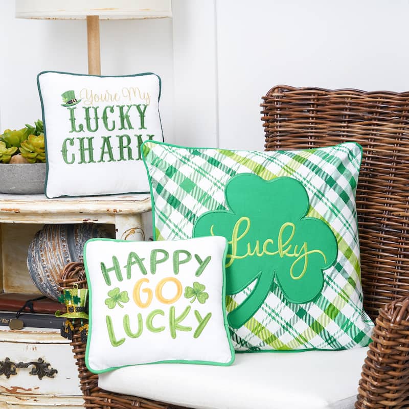 16" x 16" St. Patrick's Day "Lucky" Clover Plaid Square Accent Throw Pillow