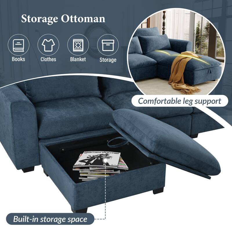 132.3" Linen Blend U-Shaped Sectional Sofa with Ottomans & Storage