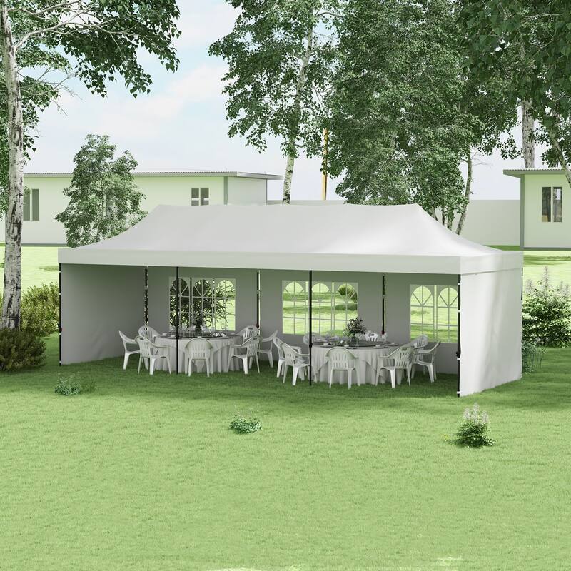 Outsunny 9.5' x 28' Pop Up Canopy Tent with Sidewalls, Instant Sun Shelter, White Tents for Parties, Height Adjustable - White
