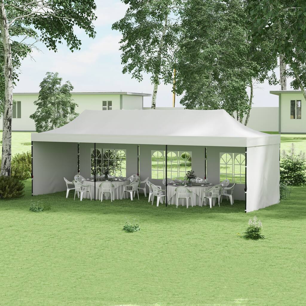 Outsunny 9.5' x 28' Pop Up Canopy Tent with Sidewalls, Instant Sun Shelter, White Tents for Parties, Height Adjustable