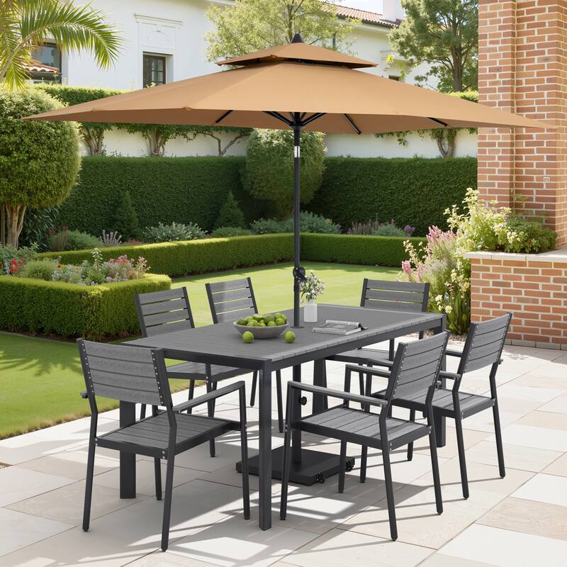 9/11-Piece Patio Dining Set Aluminum Dining Table and Chairs w/10 ft Market Umbrella and Base with Wheels