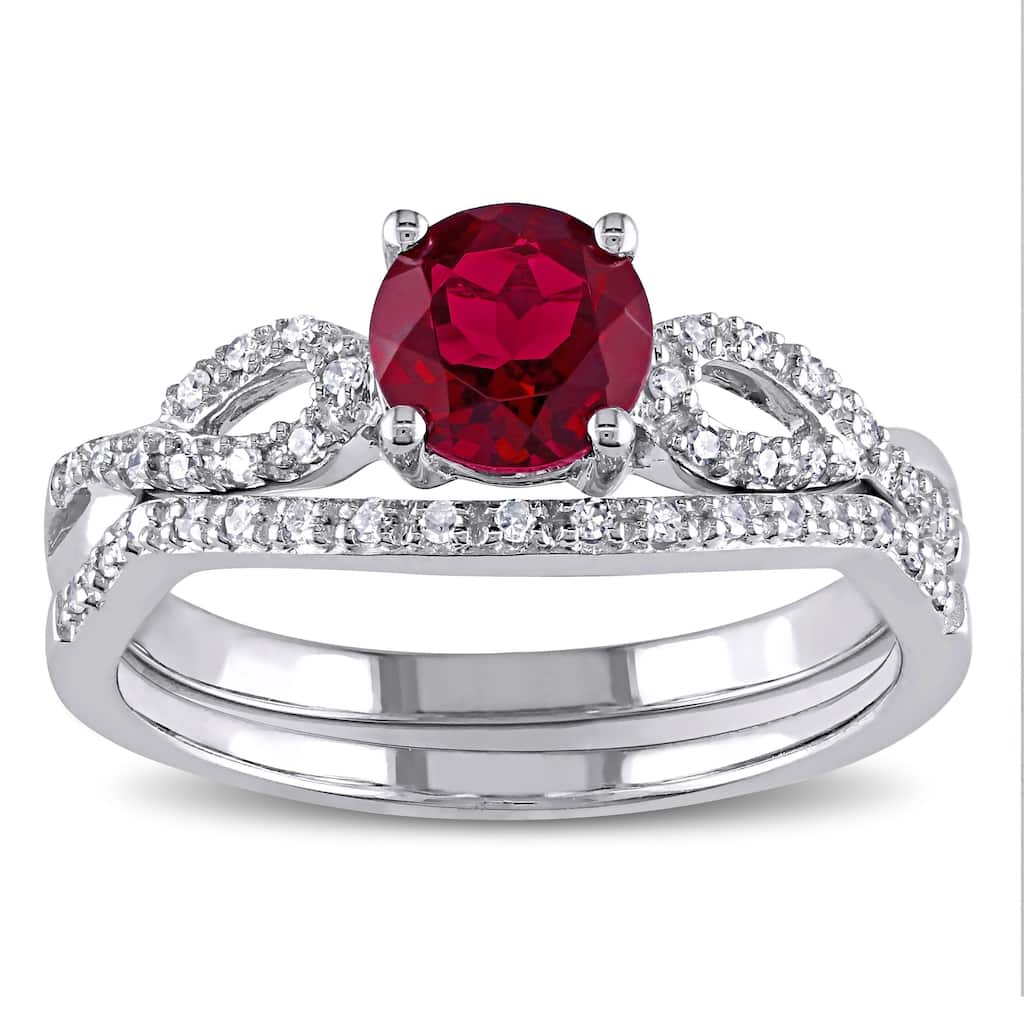 Miadora 10k White Gold Created Ruby and 1/6ct TDW Diamond Bridal Ring Set