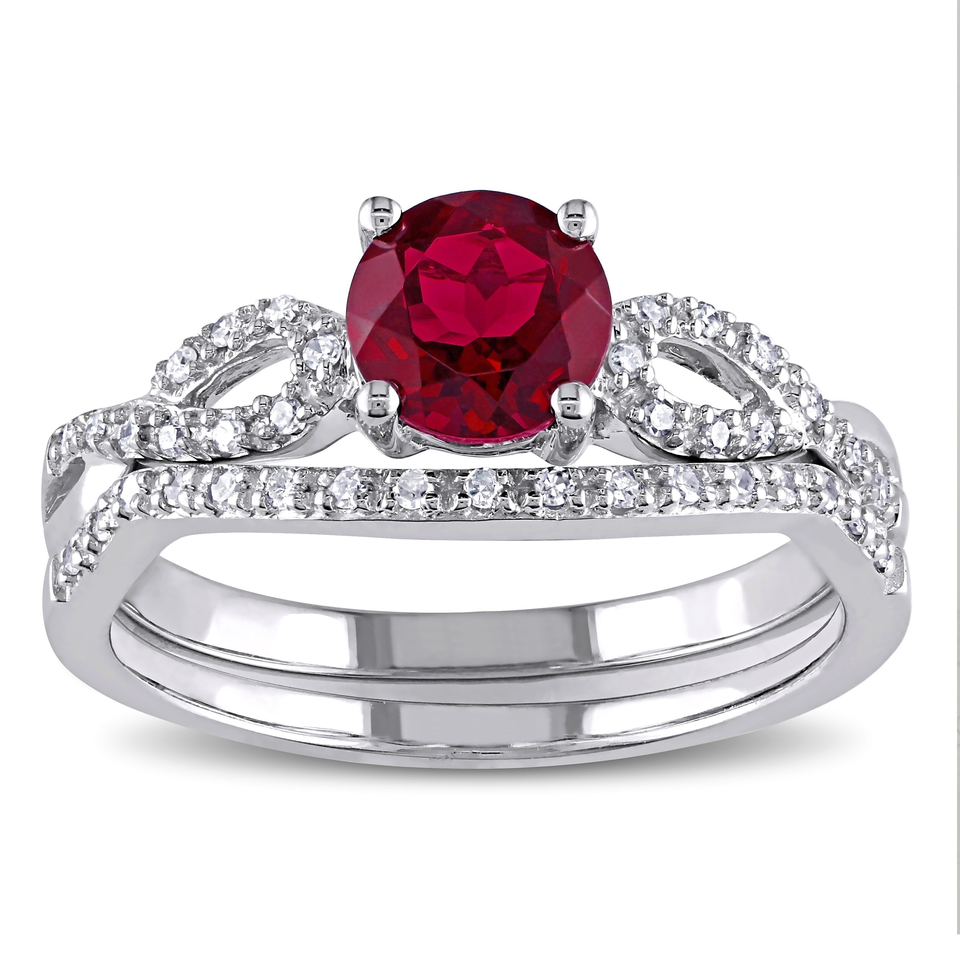 Miadora 10k White Gold Created Ruby and 1/6ct TDW Diamond Bridal Ring Set