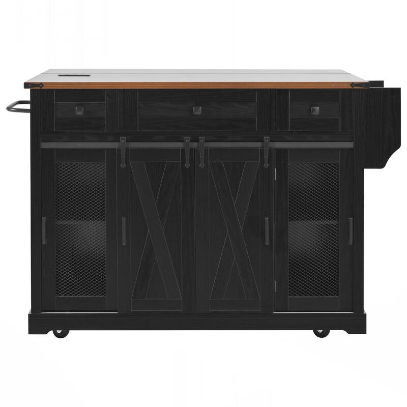 Farmhouse Kitchen Island with Storage, Rolling Kitchen Island on 5 Wheels with Spice Rack - Black