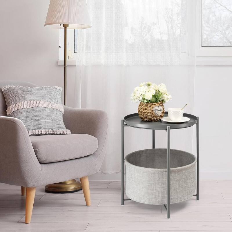 Side Table with Fabric Storage Basket Table Nightstand