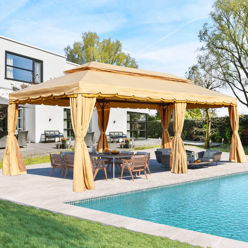 EROMMY Outdoor Canopy Gazebo Double Roof Patio Gazebo with Soft Top, includes Curtains - 10' x 20' - Beige