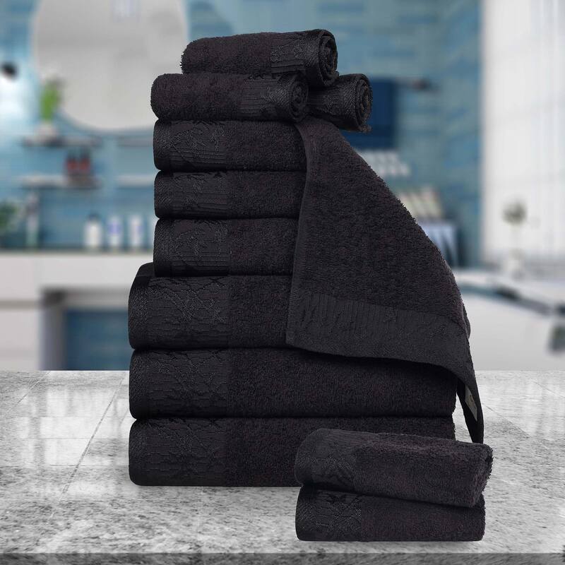Superior Wisteria Cotton Floral Jacquard 12 Piece Bathroom Towel Set - Black/Black