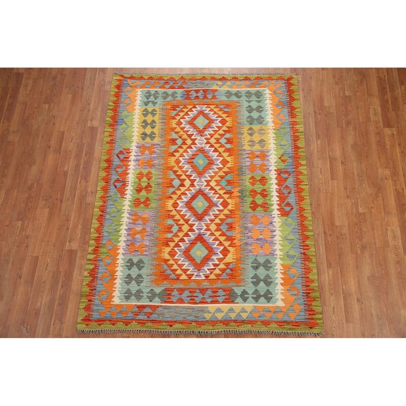 Hand Woven Oriental 100% Wool Carpet Southwestern Geometric Multi-Colored Kilim Area Rug - 6' 8'' X 5' 0''