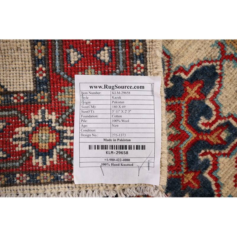 Geometric Kazak Runner Rug Hand-Knotted Beige Wool Carpet - 2'3" x 5'11"
