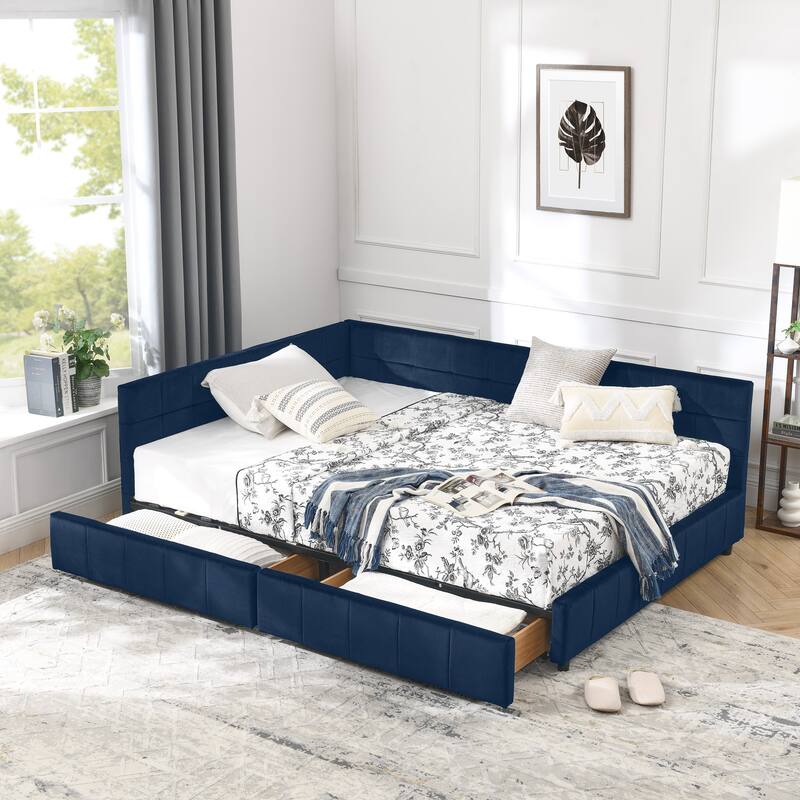 L-shaped Velvet Upholstered Daybed Tufted Sofa Bed with Soft Backrest Armrests - and Optional Corner Storage Day Bed
