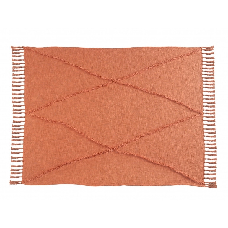 HomeRoots 60" X 50" Orange Woven Cotton Throw Blanket with Fringe
